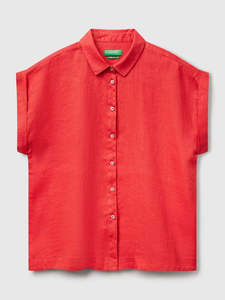 Benetton Regular Fit Shirt In Pure Linen Brick Red