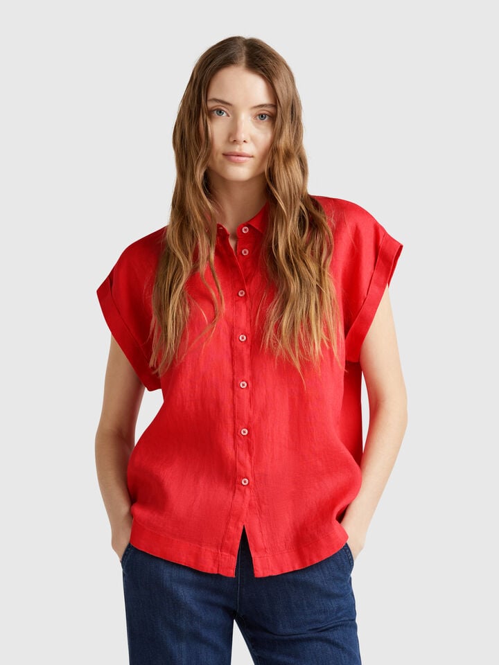 benetton Regular fit shirt in pure linen Brick Red