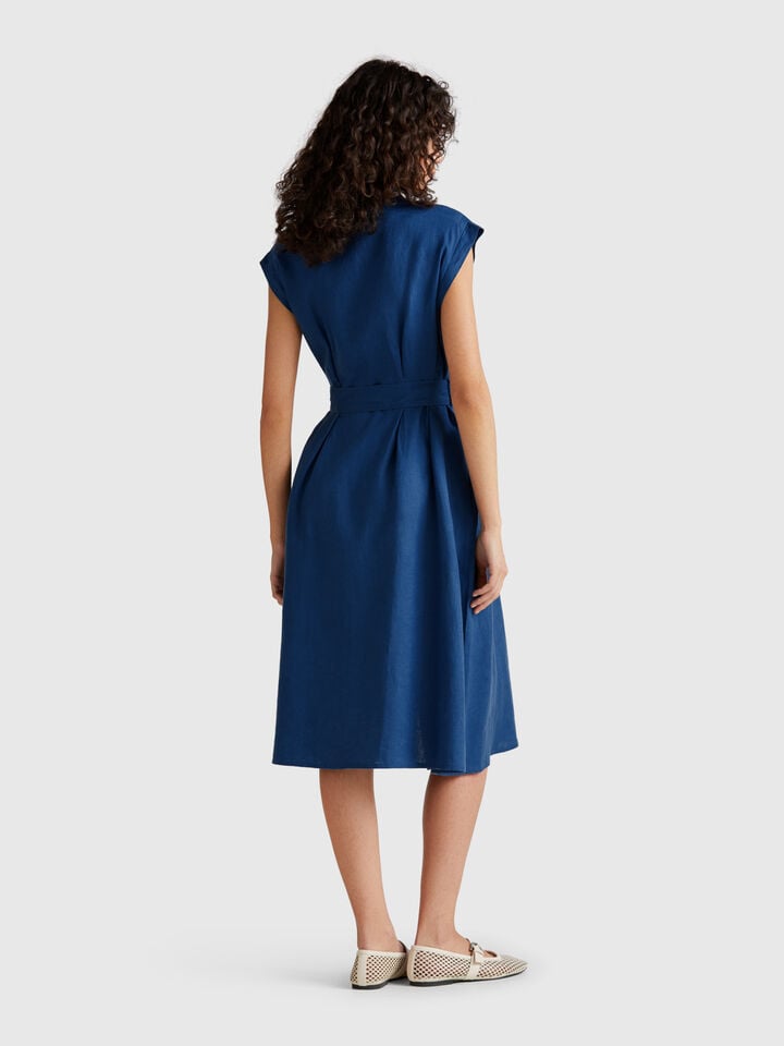 Benetton Shirt Dress In Pure Linen Air Force Blue