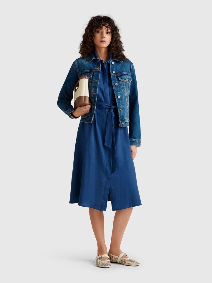 Benetton Shirt Dress In Pure Linen Air Force Blue
