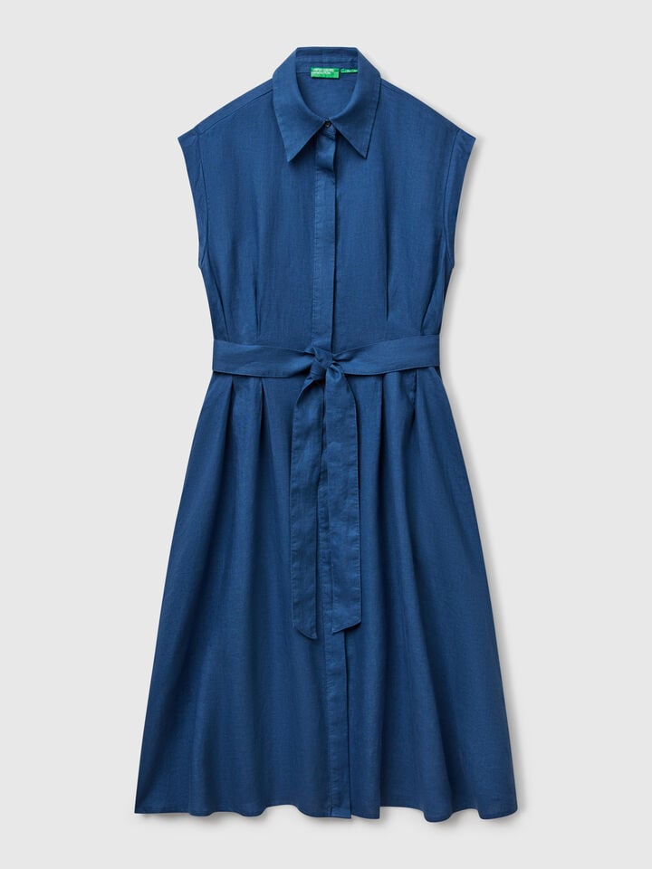 Benetton Shirt Dress In Pure Linen Air Force Blue