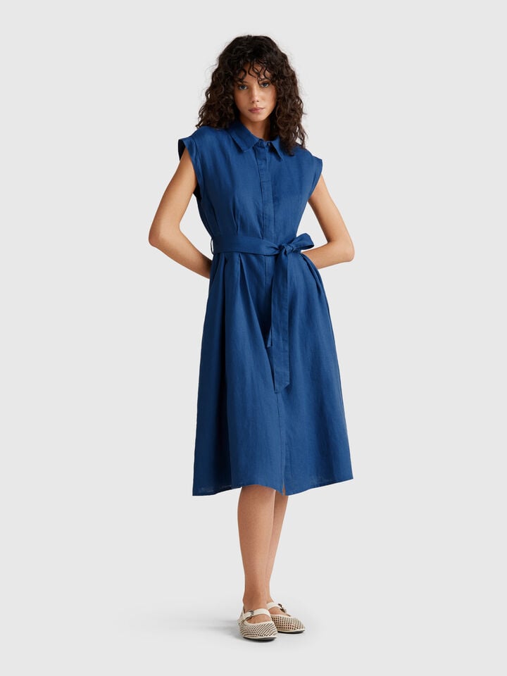 benetton Shirt dress in pure linen Air Force Blue