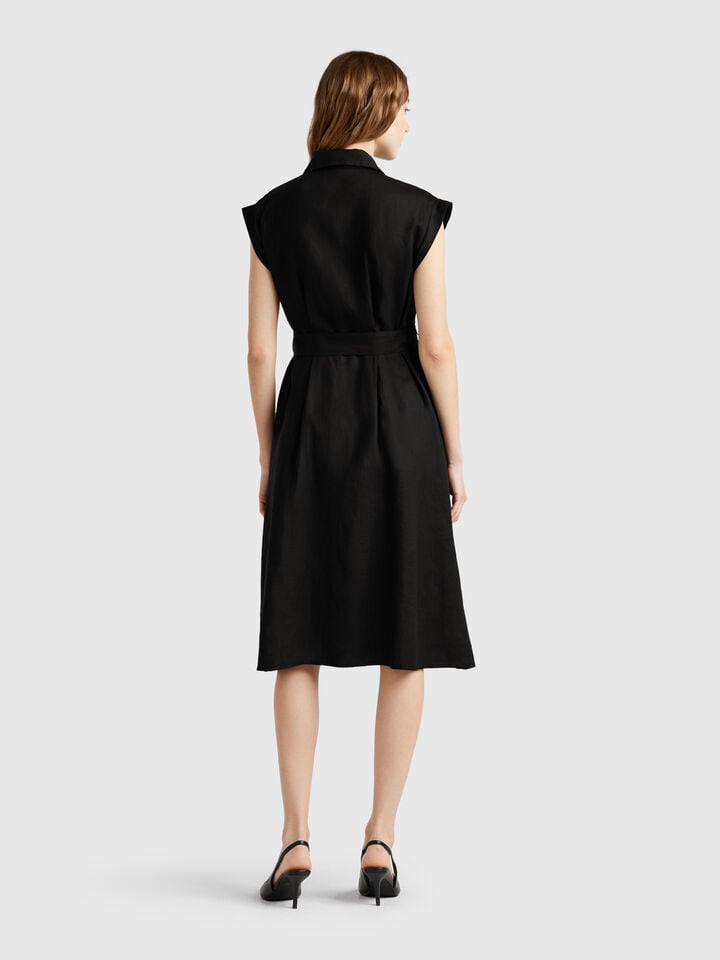 Benetton Shirt Dress In Pure Linen Black