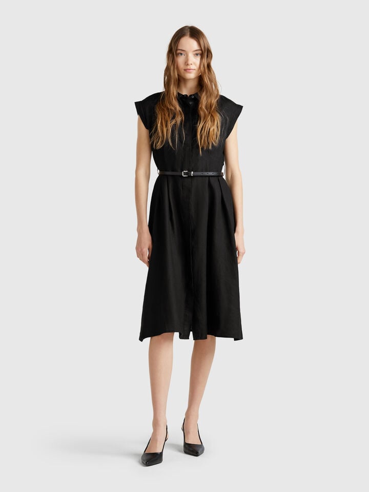 Benetton Shirt Dress In Pure Linen Black