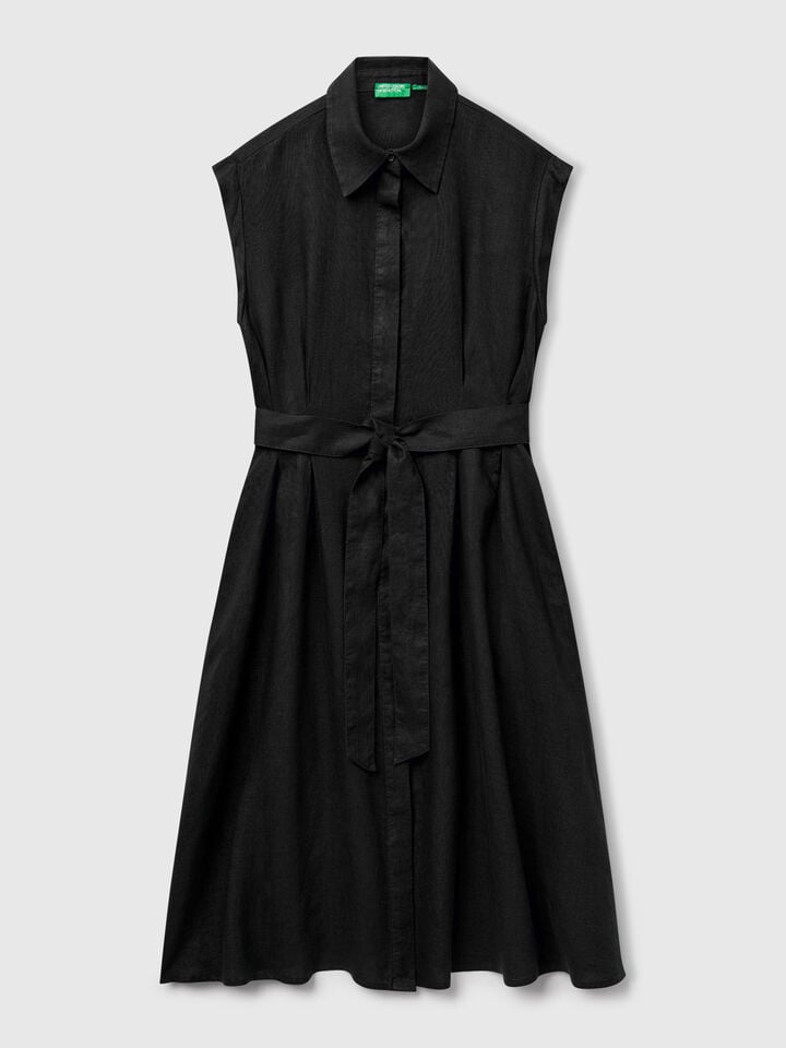 Benetton Shirt Dress In Pure Linen Black