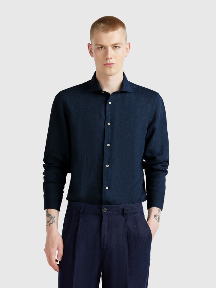 Benetton Shirt In Pure Linen Dark Blue