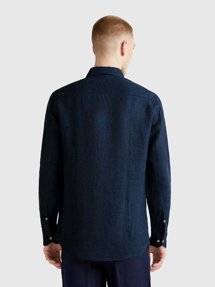 Benetton Shirt In Pure Linen Dark Blue