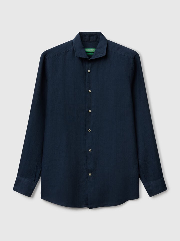 Benetton Shirt In Pure Linen Dark Blue
