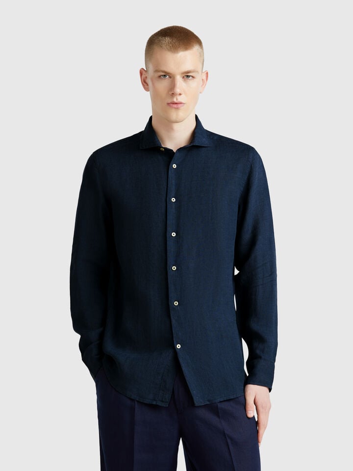 Benetton Shirt In Pure Linen Dark Blue