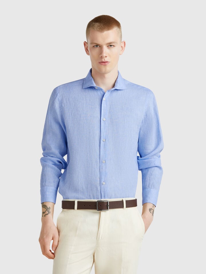Benetton Shirt In Pure Linen Light Blue