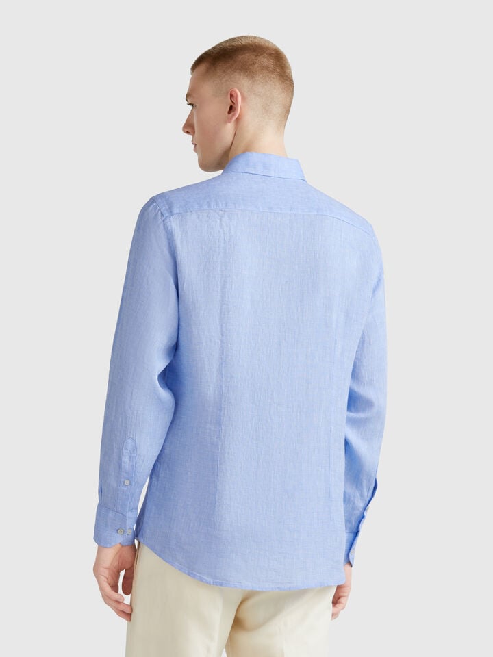 Benetton Shirt In Pure Linen Light Blue
