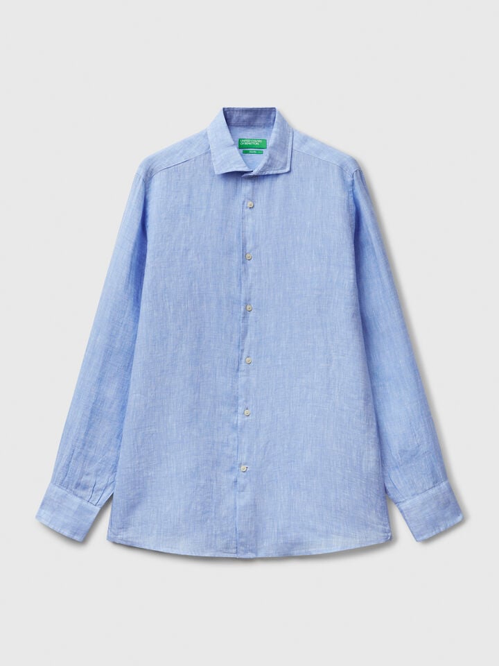 Benetton Shirt In Pure Linen Light Blue