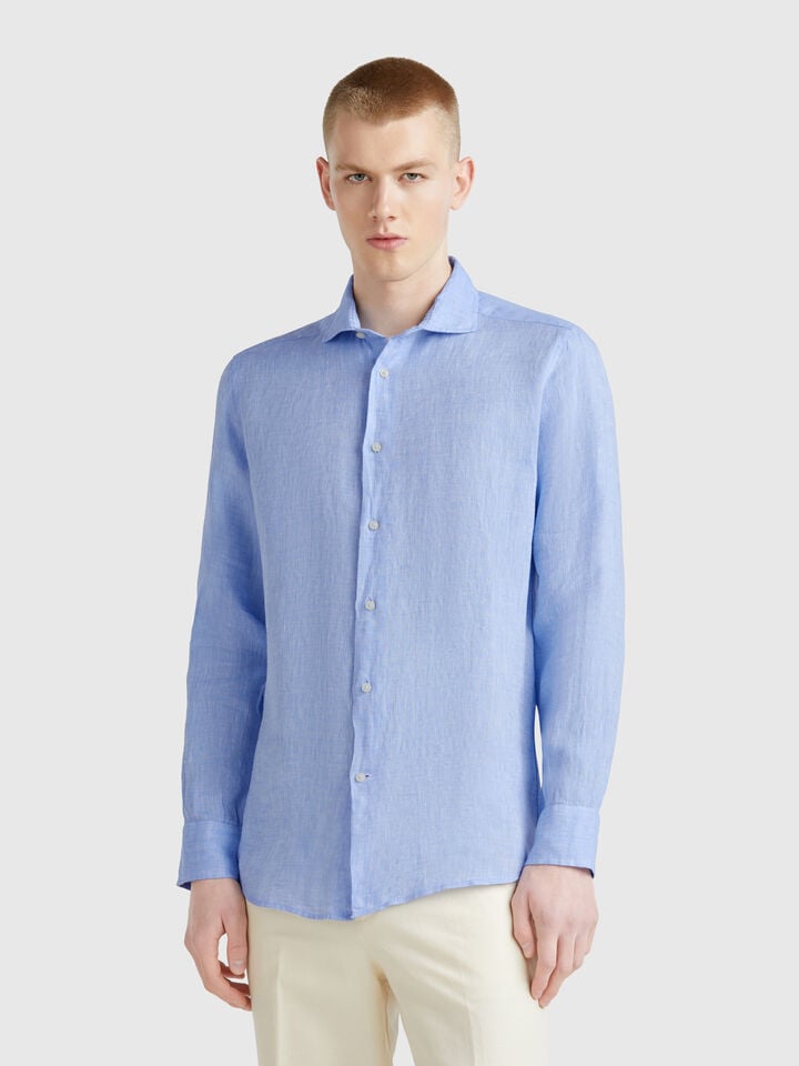 benetton Shirt in pure linen Light Blue