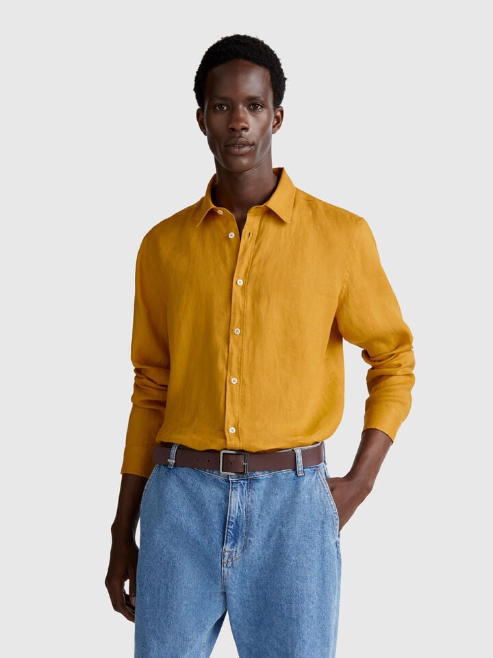 Benetton Shirt In Pure Linen Mustard