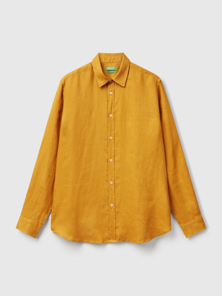 Benetton Shirt In Pure Linen Mustard