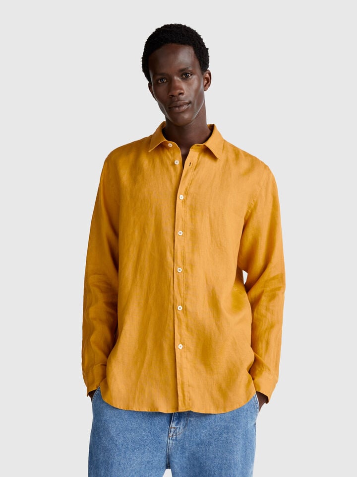 benetton Shirt in pure linen Mustard