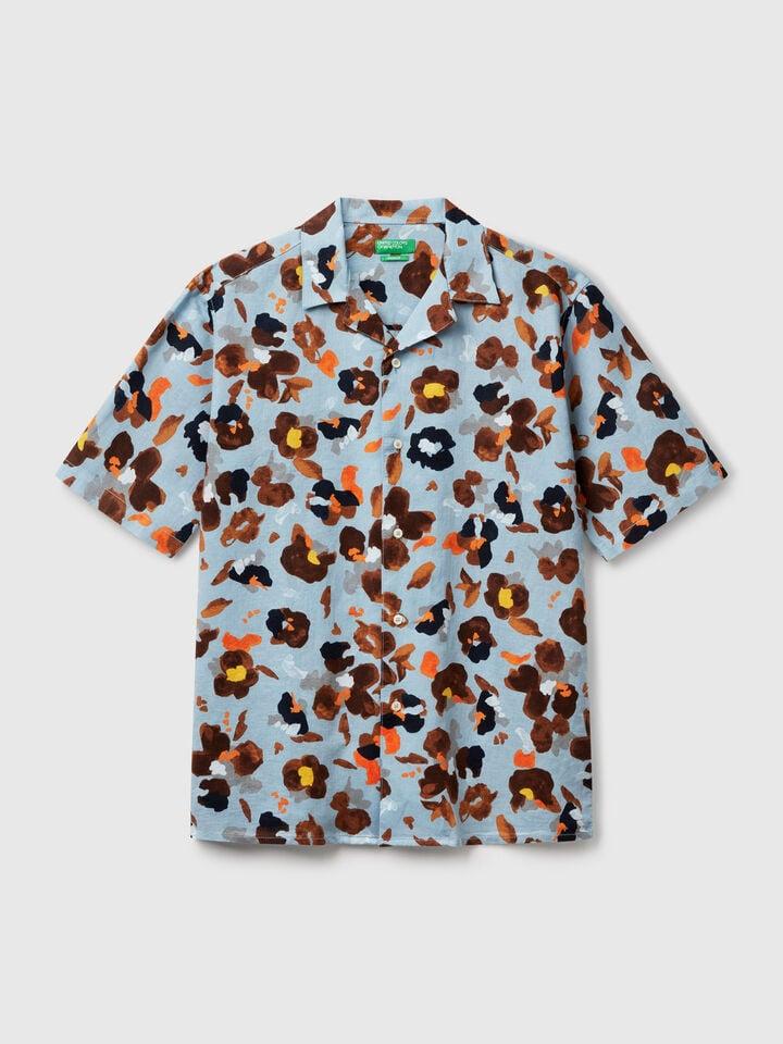 Benetton Shirt With Floral Print Light Blue