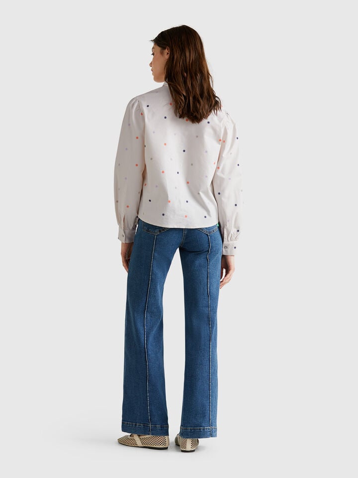 Benetton Shirt With Flower Embroidery Creamy White