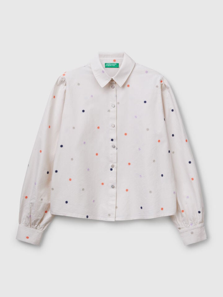 Benetton Shirt With Flower Embroidery Creamy White