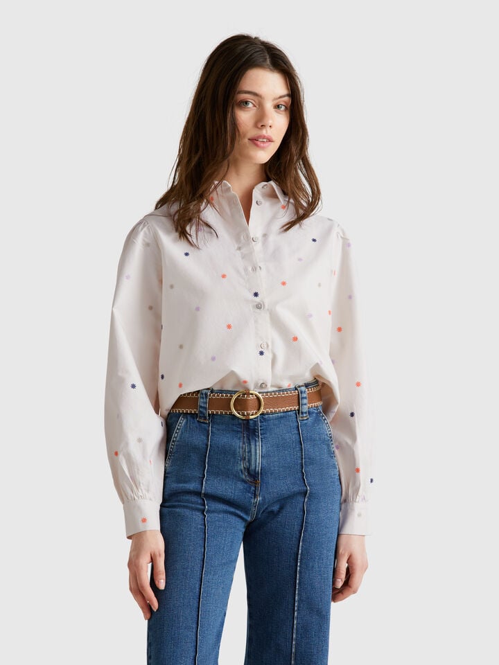 benetton Shirt with flower embroidery Creamy White
