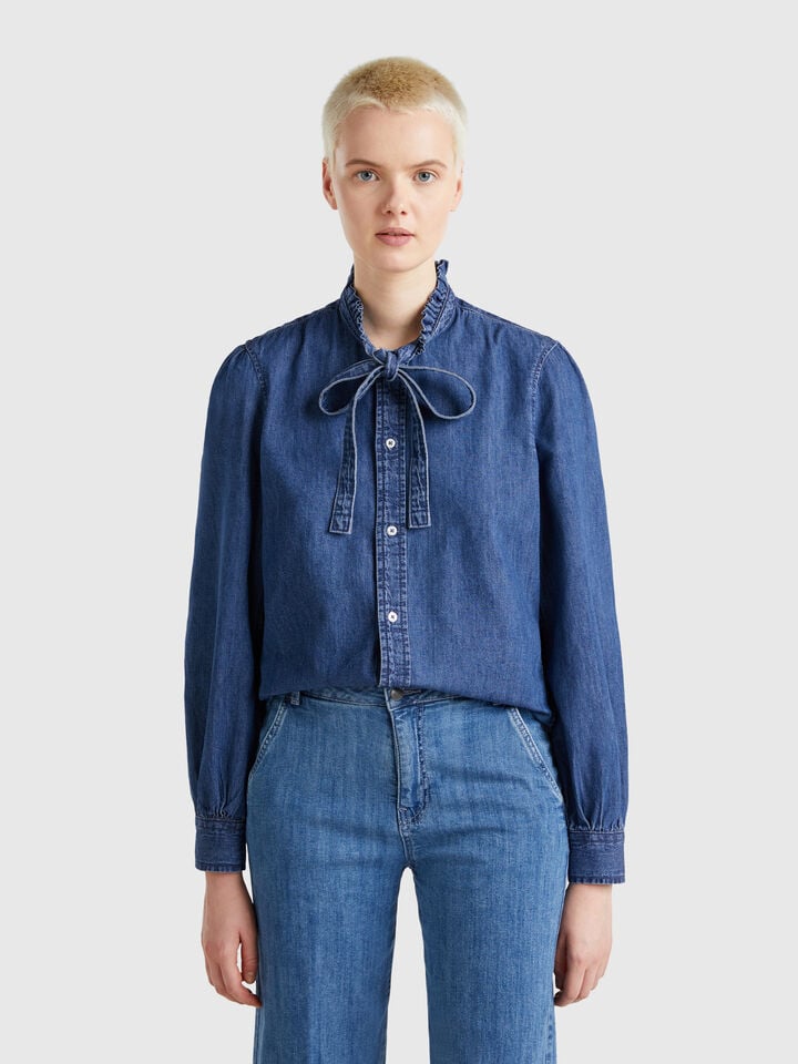 Benetton Shirt With Rouched Collar Blue