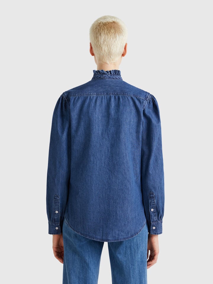 Benetton Shirt With Rouched Collar Blue