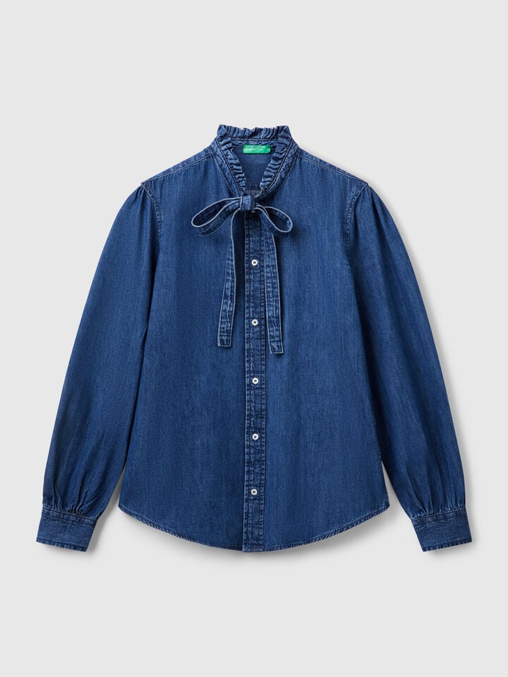 Benetton Shirt With Rouched Collar Blue