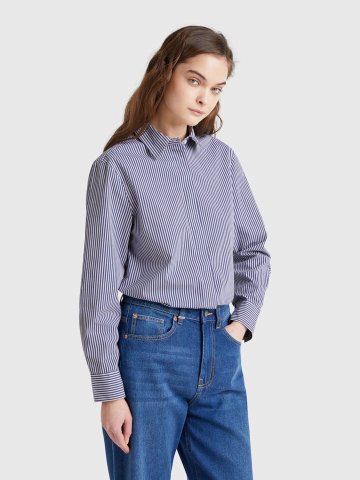 Benetton Shirt With Vertical Stripes Dark Blue