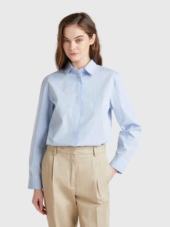 Benetton Shirt With Vertical Stripes Light Blue