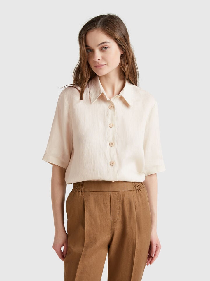Benetton Short Shirt In Pure Linen Beige