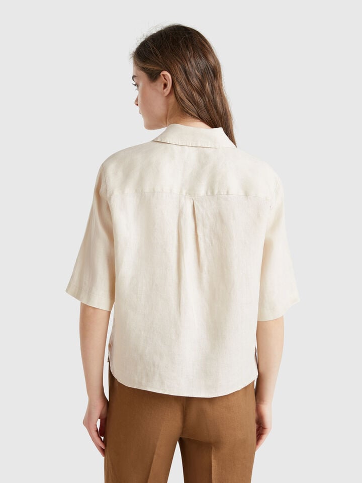 Benetton Short Shirt In Pure Linen Beige