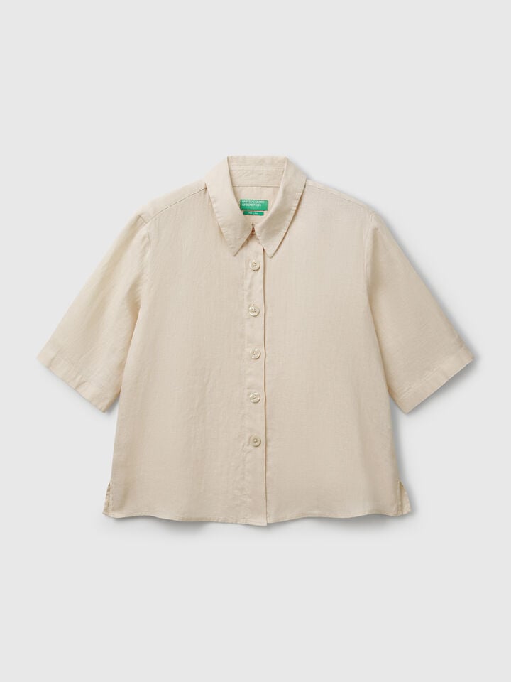 Benetton Short Shirt In Pure Linen Beige