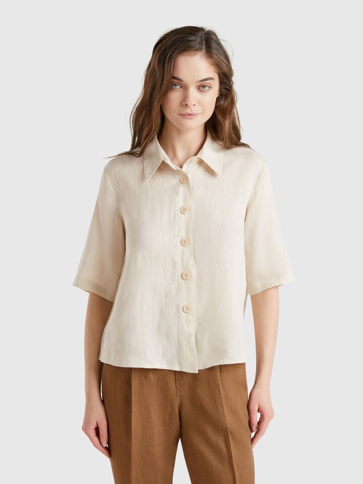 benetton Short shirt in pure linen Beige