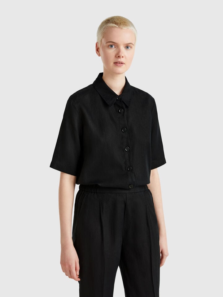 Benetton Short Shirt In Pure Linen Black
