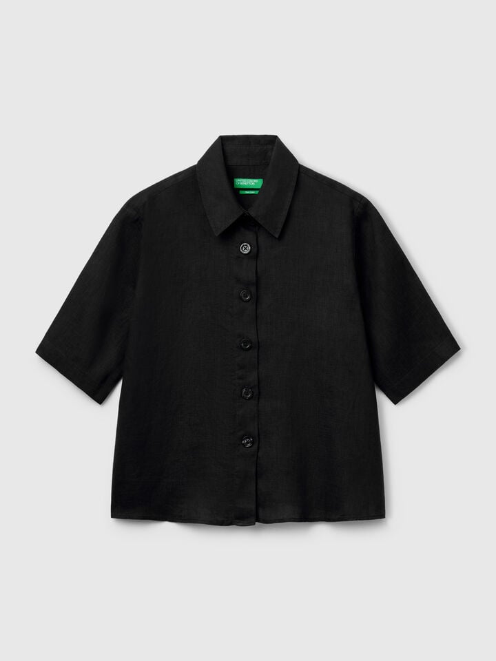 Benetton Short Shirt In Pure Linen Black