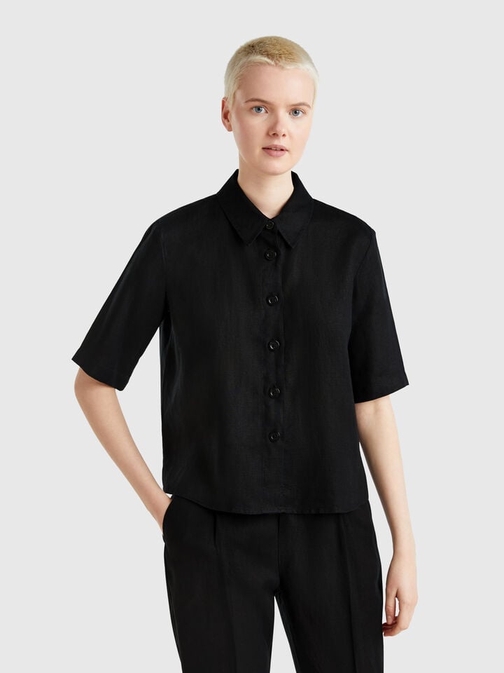 benetton Short shirt in pure linen Black