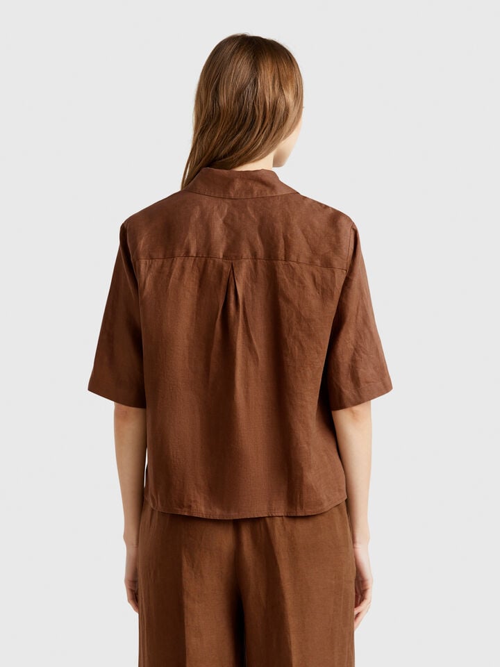 Benetton Short Shirt In Pure Linen Brown