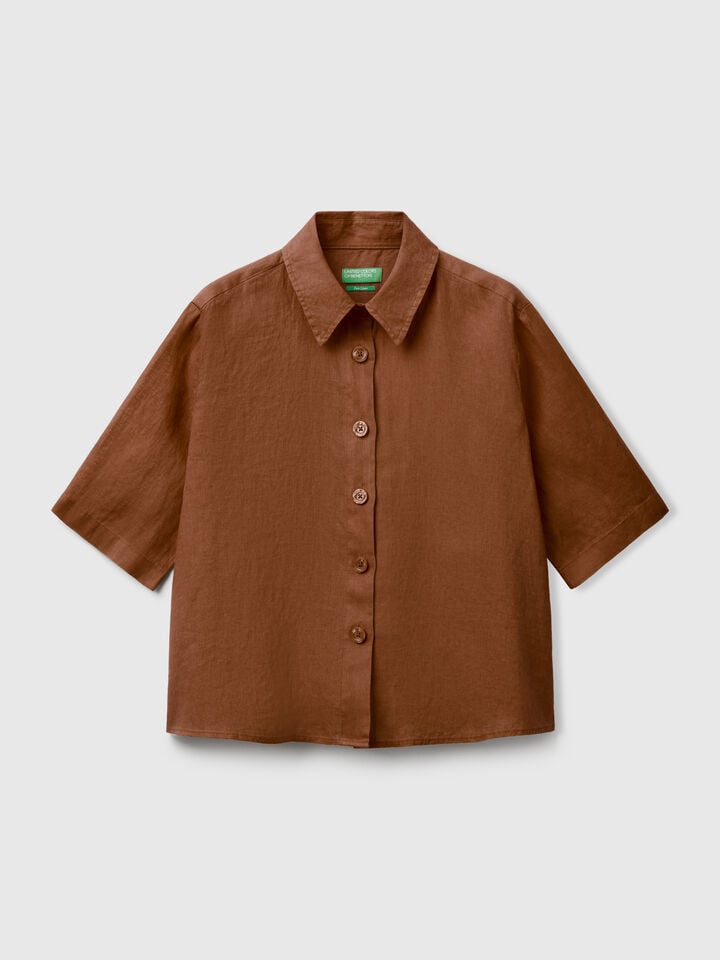 Benetton Short Shirt In Pure Linen Brown