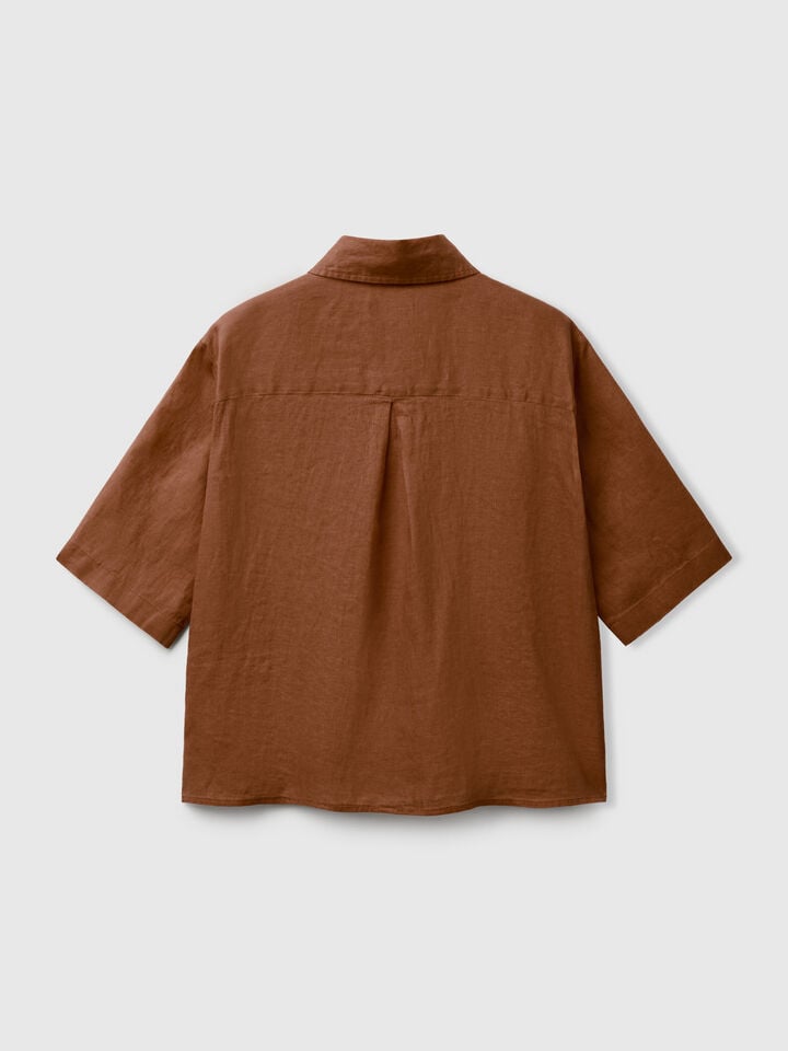 Benetton Short Shirt In Pure Linen Brown