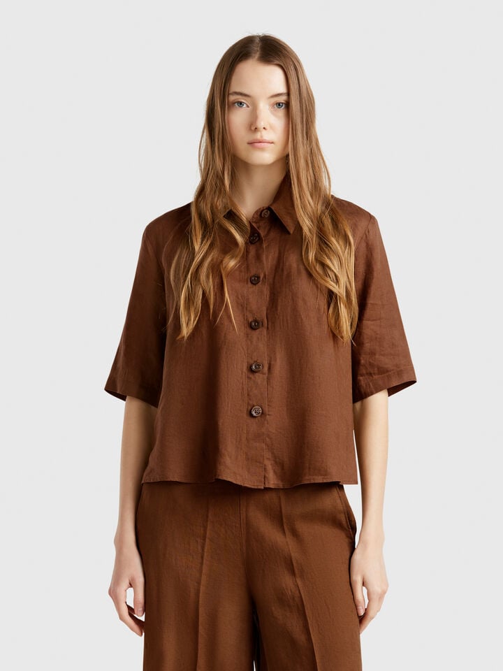 benetton Short shirt in pure linen Brown