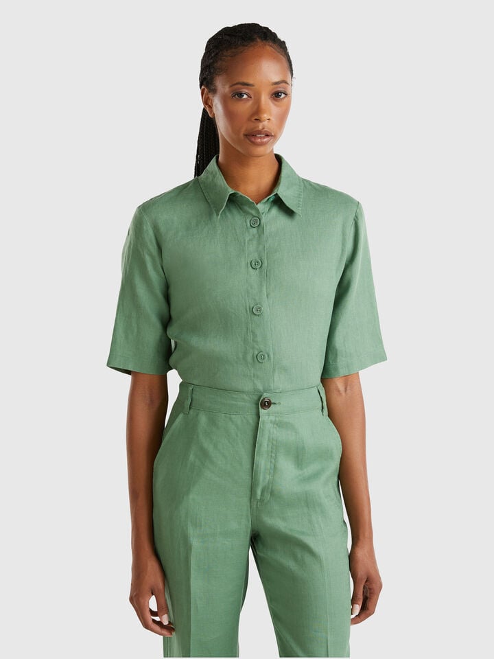 Benetton Short Shirt In Pure Linen Green