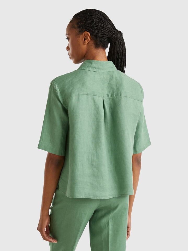 Benetton Short Shirt In Pure Linen Green