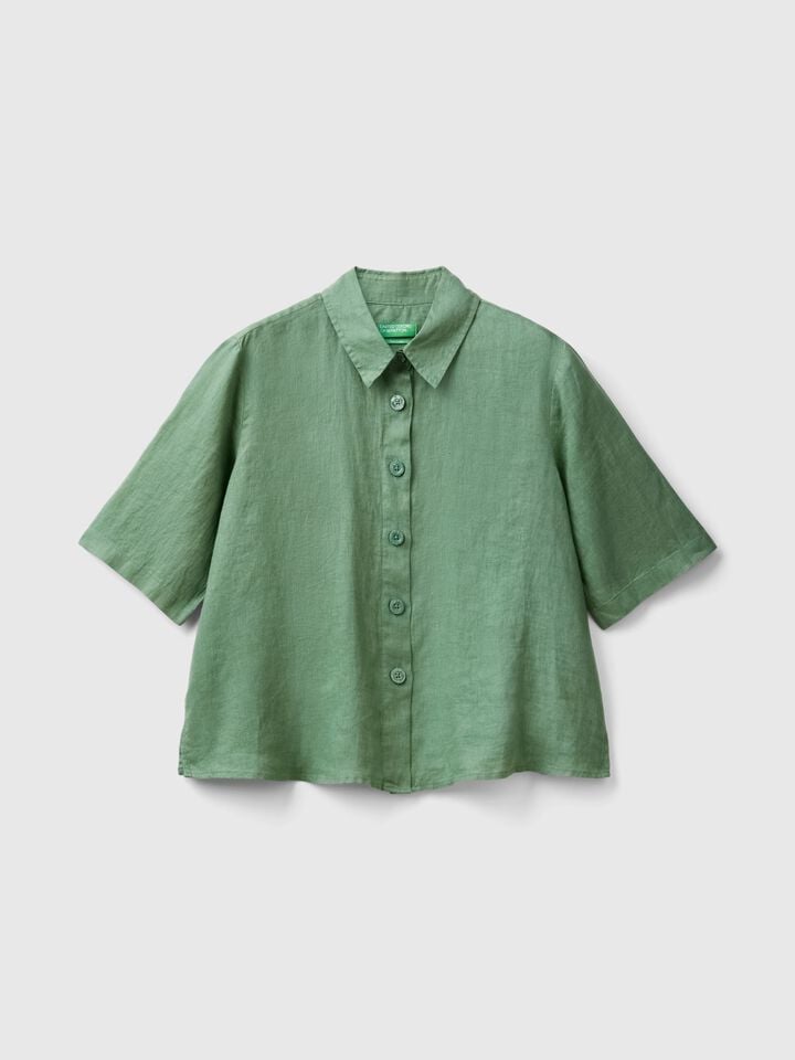 Benetton Short Shirt In Pure Linen Green