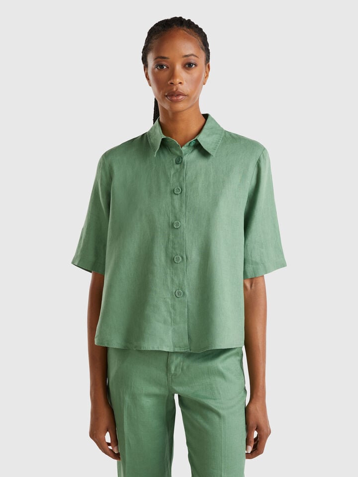 benetton Short shirt in pure linen Green