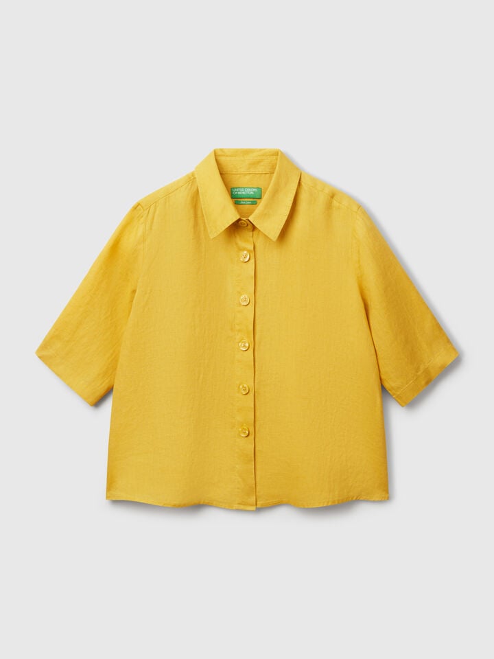 Benetton Short Shirt In Pure Linen Mustard