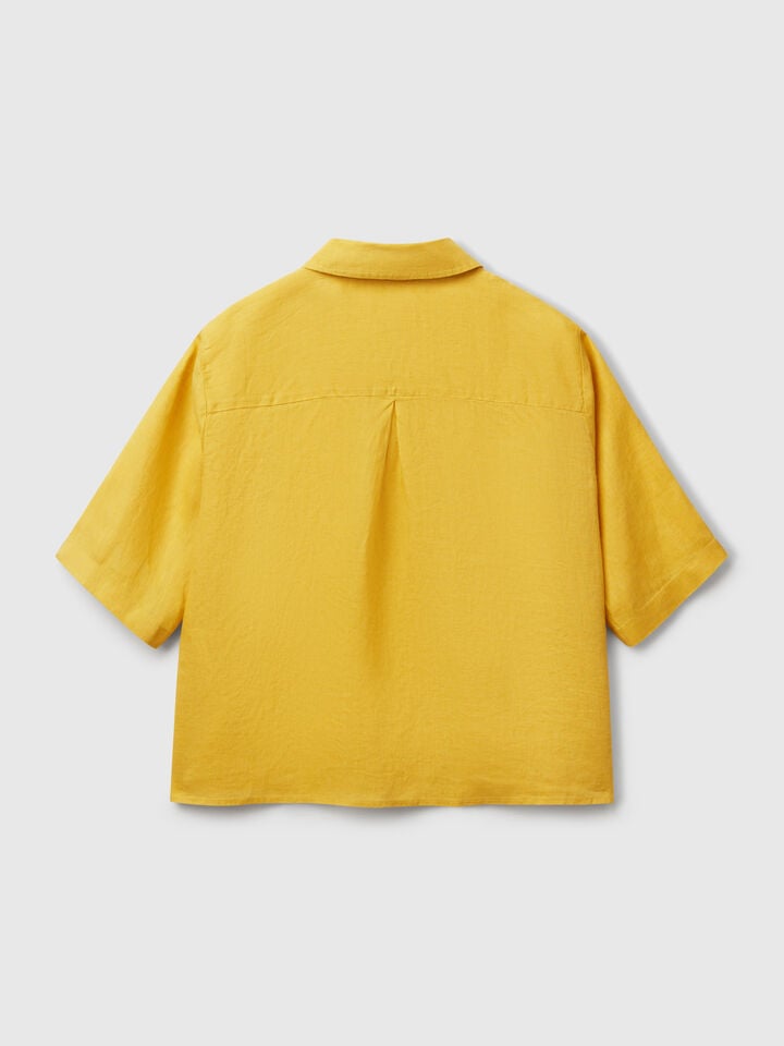 Benetton Short Shirt In Pure Linen Mustard