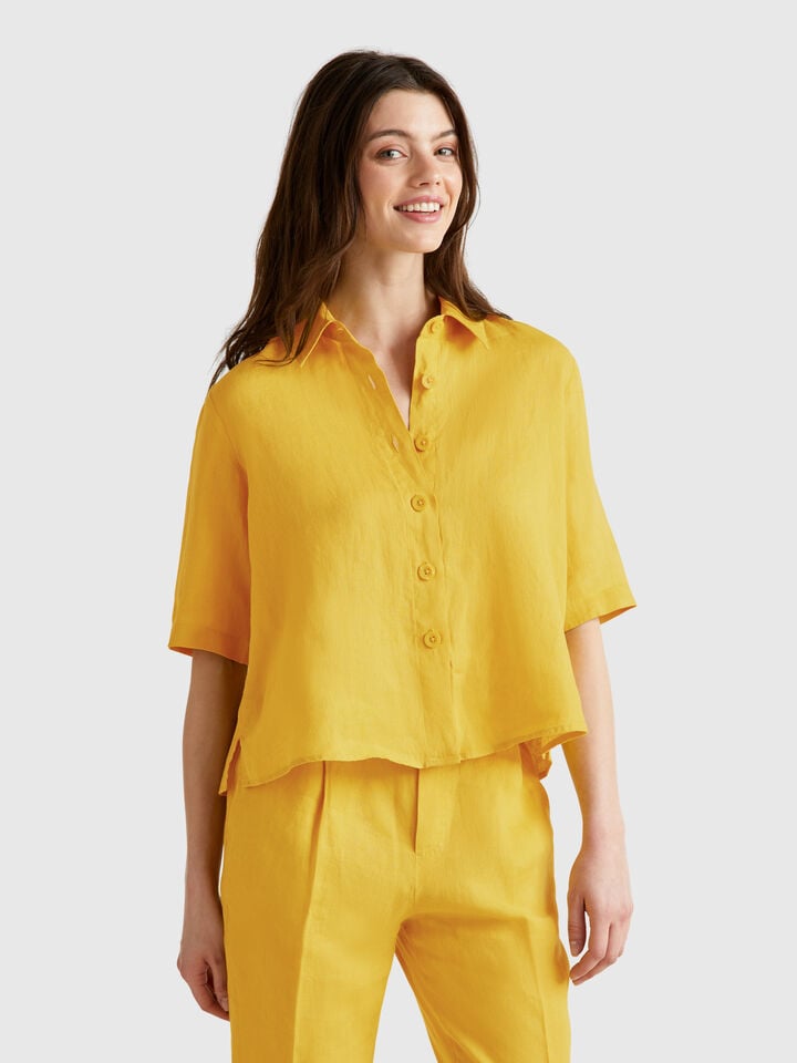 benetton Short shirt in pure linen Mustard