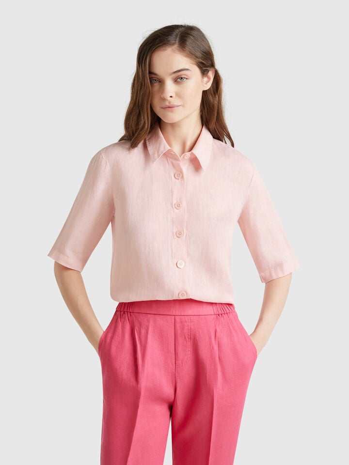 Benetton Short Shirt In Pure Linen Soft Pink