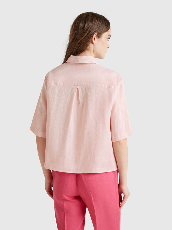 Benetton Short Shirt In Pure Linen Soft Pink