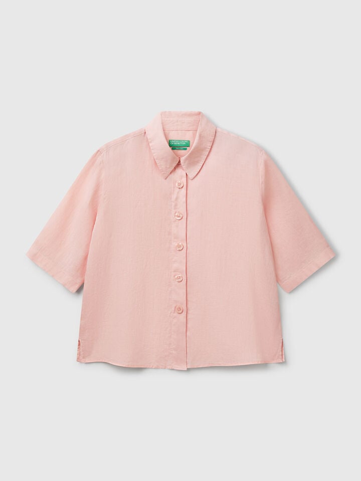 Benetton Short Shirt In Pure Linen Soft Pink